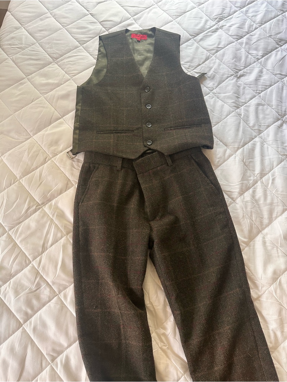Gioberti Brown Plaid Vest & Pants, kids 12